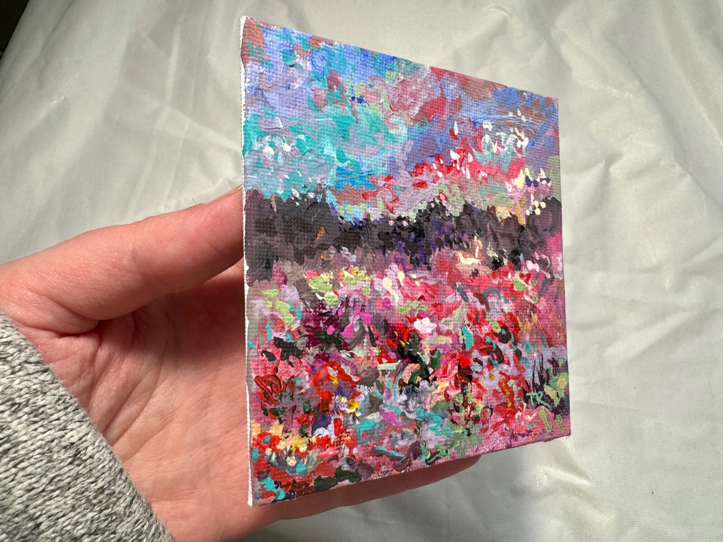 Wildflower field Original art Landscape red flower floral Acrylic Painting 4x4”