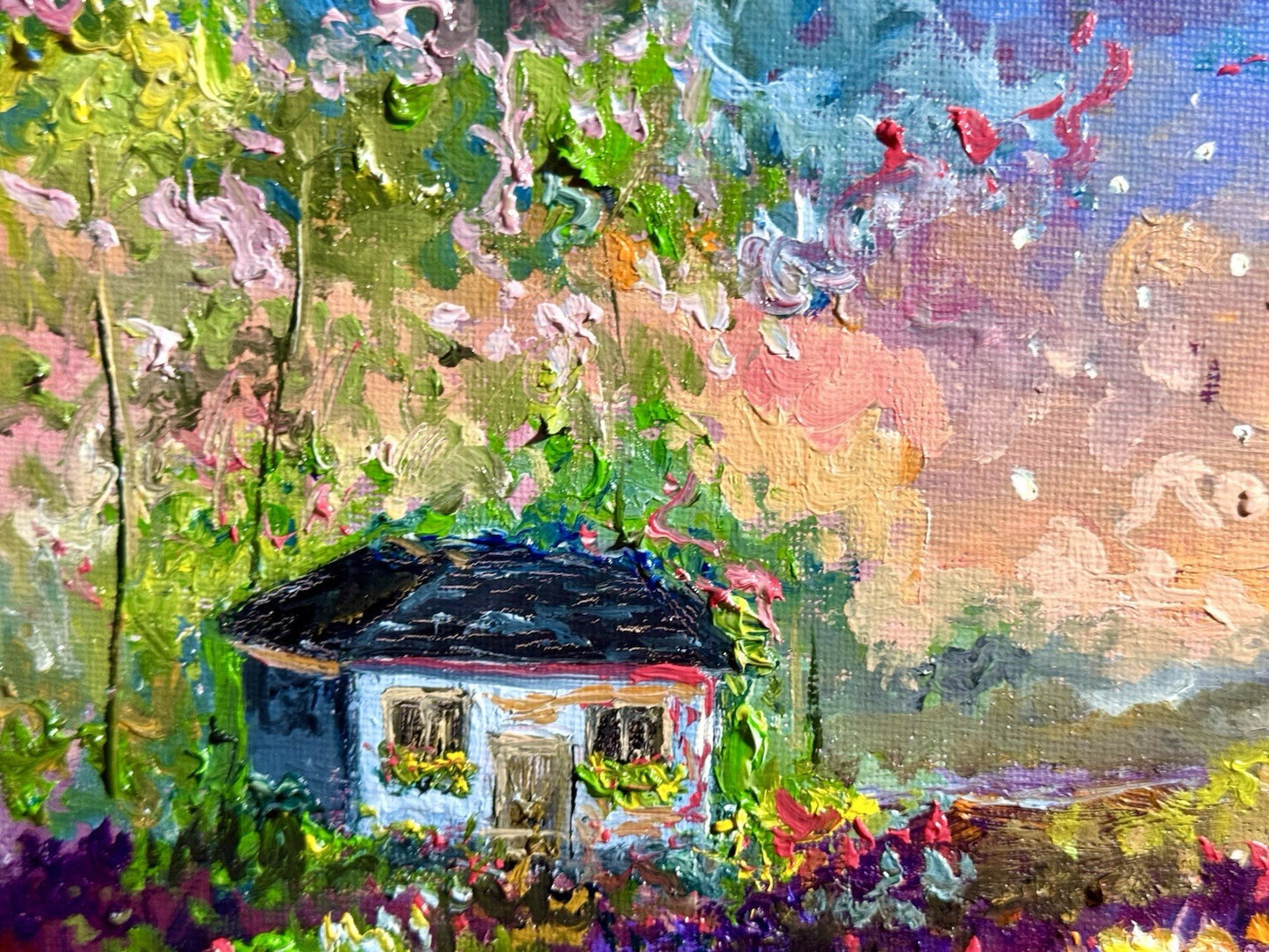 Farmhouse Oil painting ORIGINAL art Cottage House Flower Garden landscape 8x8