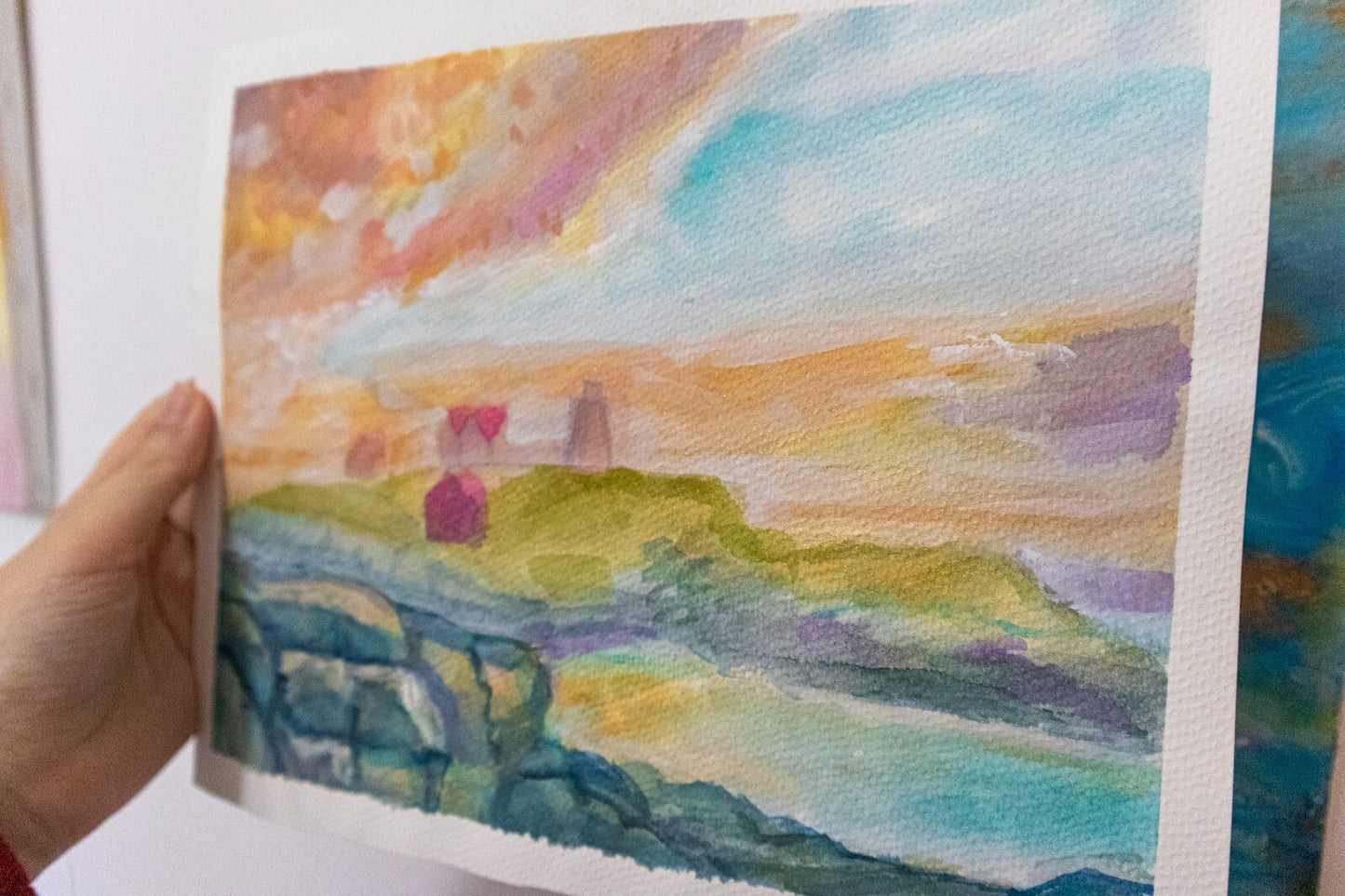 ORIGINAL art watercolor painting landscape ocean seascape Countryside 9x11”