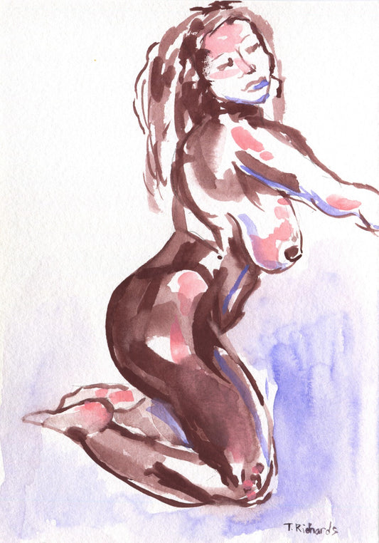 Painting WATERCOLOR ORIGINAL Art Black Woman African Naked Nude Artwork 5x7"