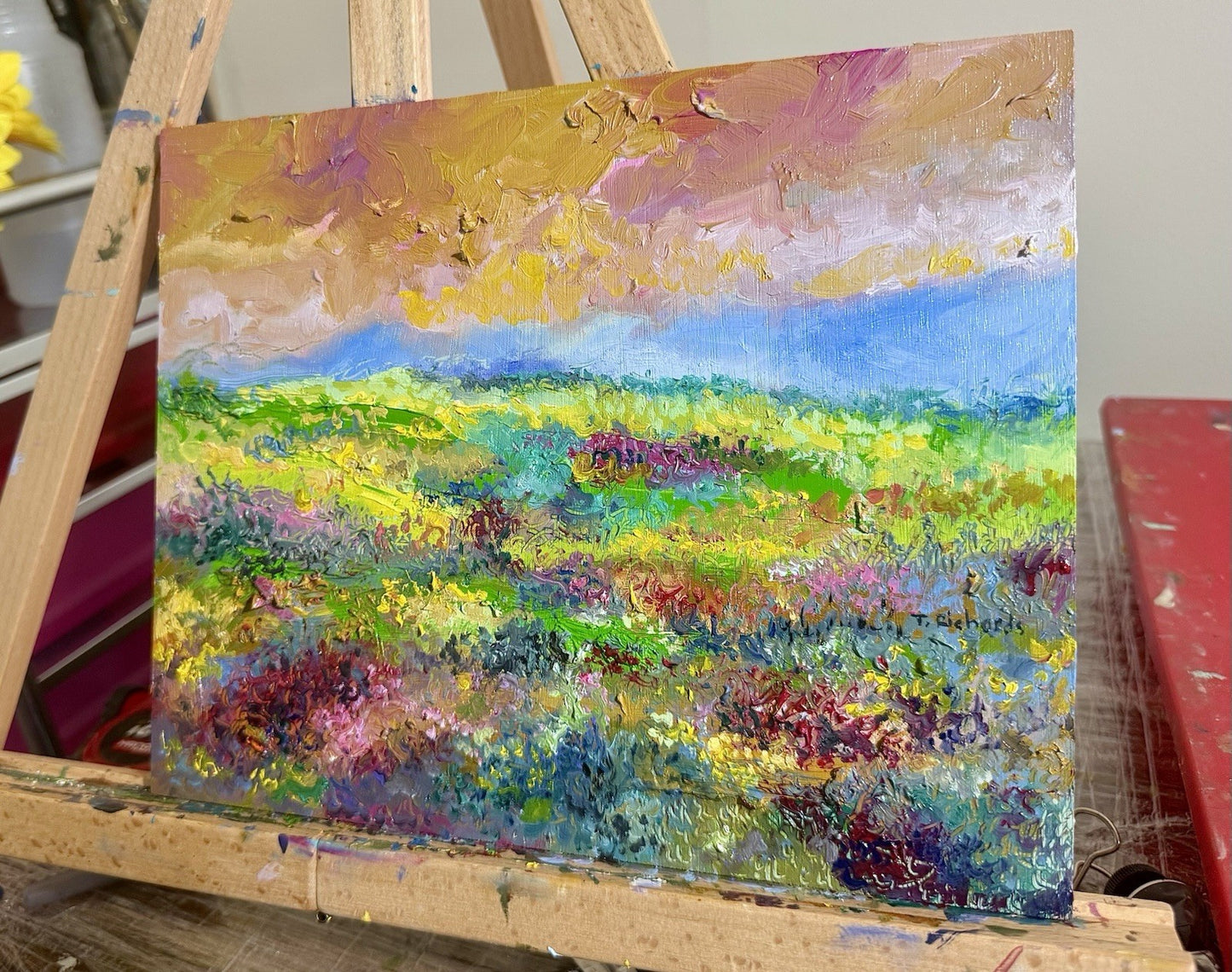 Oil painting panel ORIGINAL art Wildflower field Mountain Landscape flower 8x10