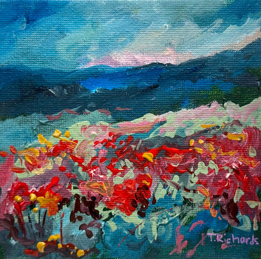Wildflower field Original art Landscape red flower floral Acrylic Painting 4x4”