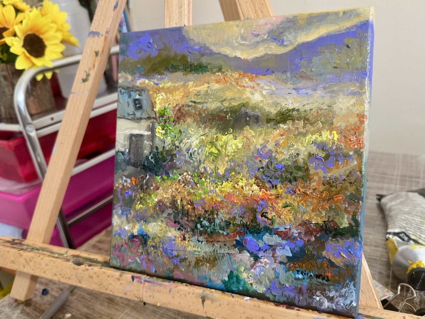 Meadow Flower Field Oil painting ORIGINAL art Mountain Landscape Farmhouse 8x8"