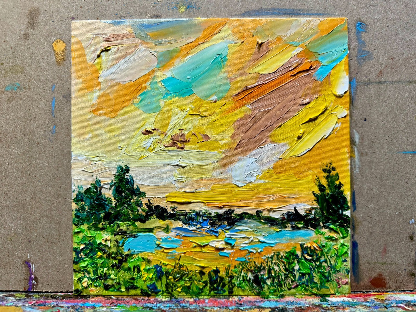 Lake Oil painting ORIGINAL art Seascape artwork small River landscape forest 8x8