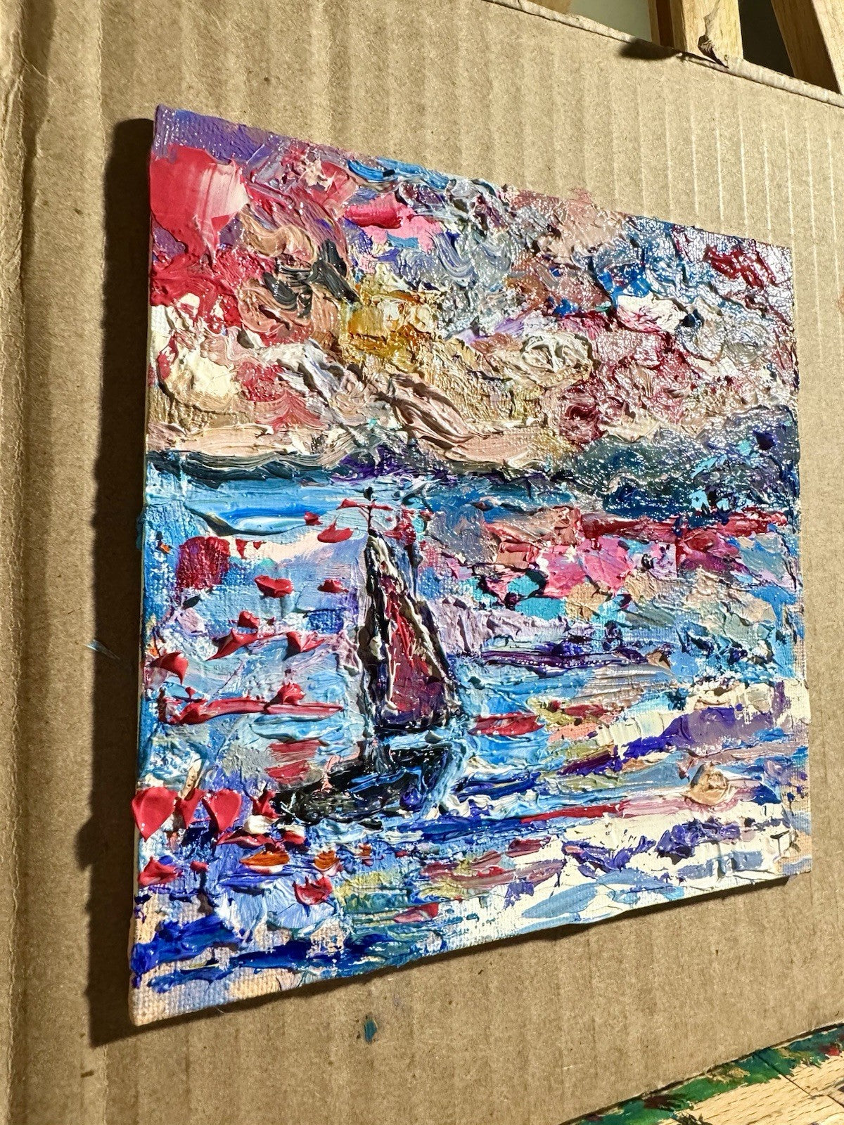 Sailboat Oil painting ORIGINAL art Seascape Ocean artwork small Boat Signed 6x6"