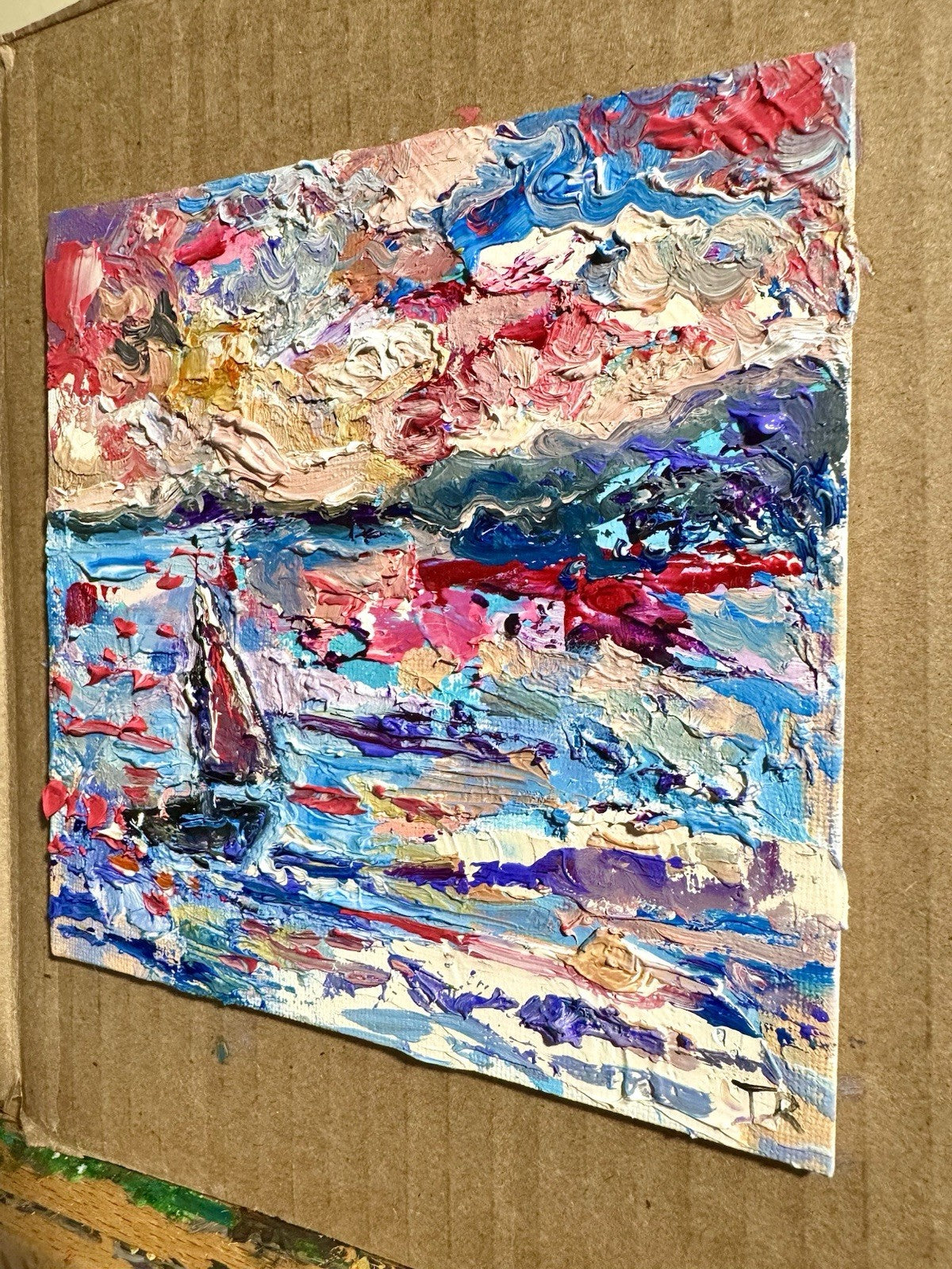 Sailboat Oil painting ORIGINAL art Seascape Ocean artwork small Boat Signed 6x6"