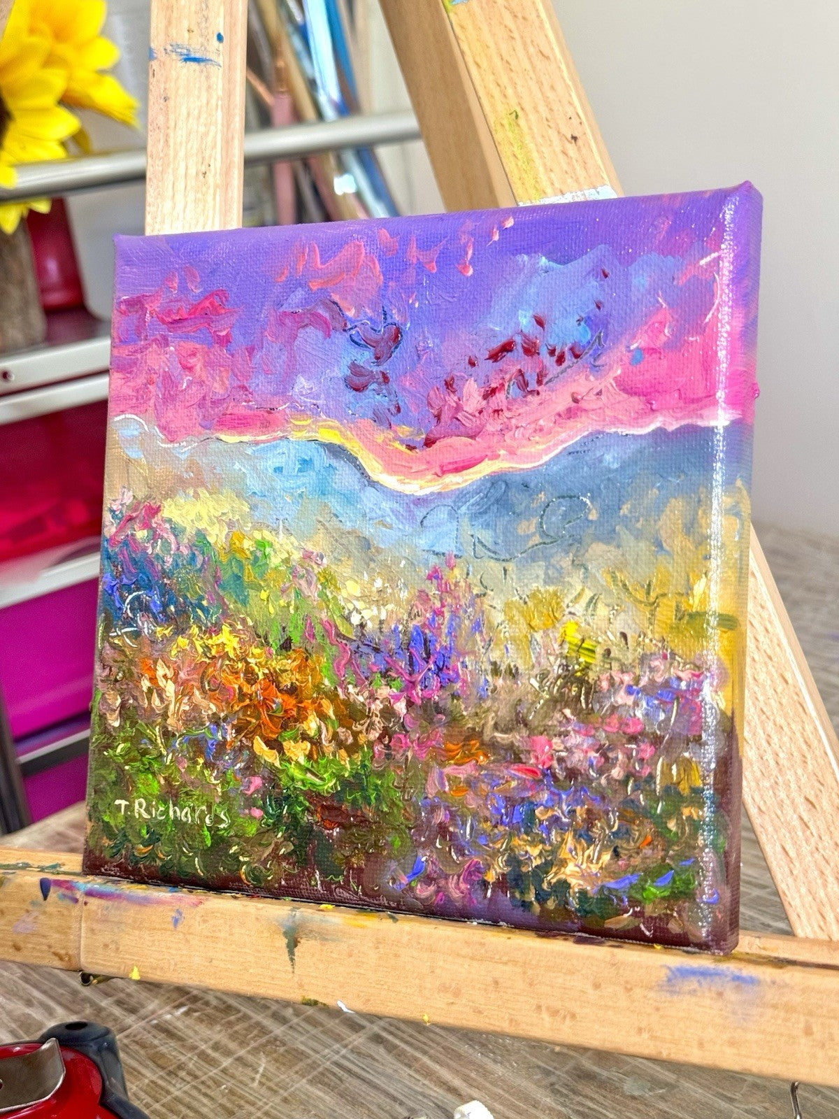 Wildflowers Oil painting ORIGINAL art Mountain Sunset floral field Landscape 6x6
