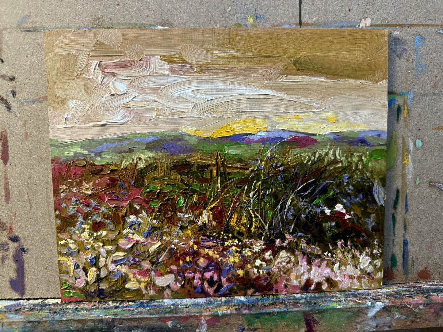 Oil painting panel ORIGINAL art Wildflower field artwork Landscape flower 8x10