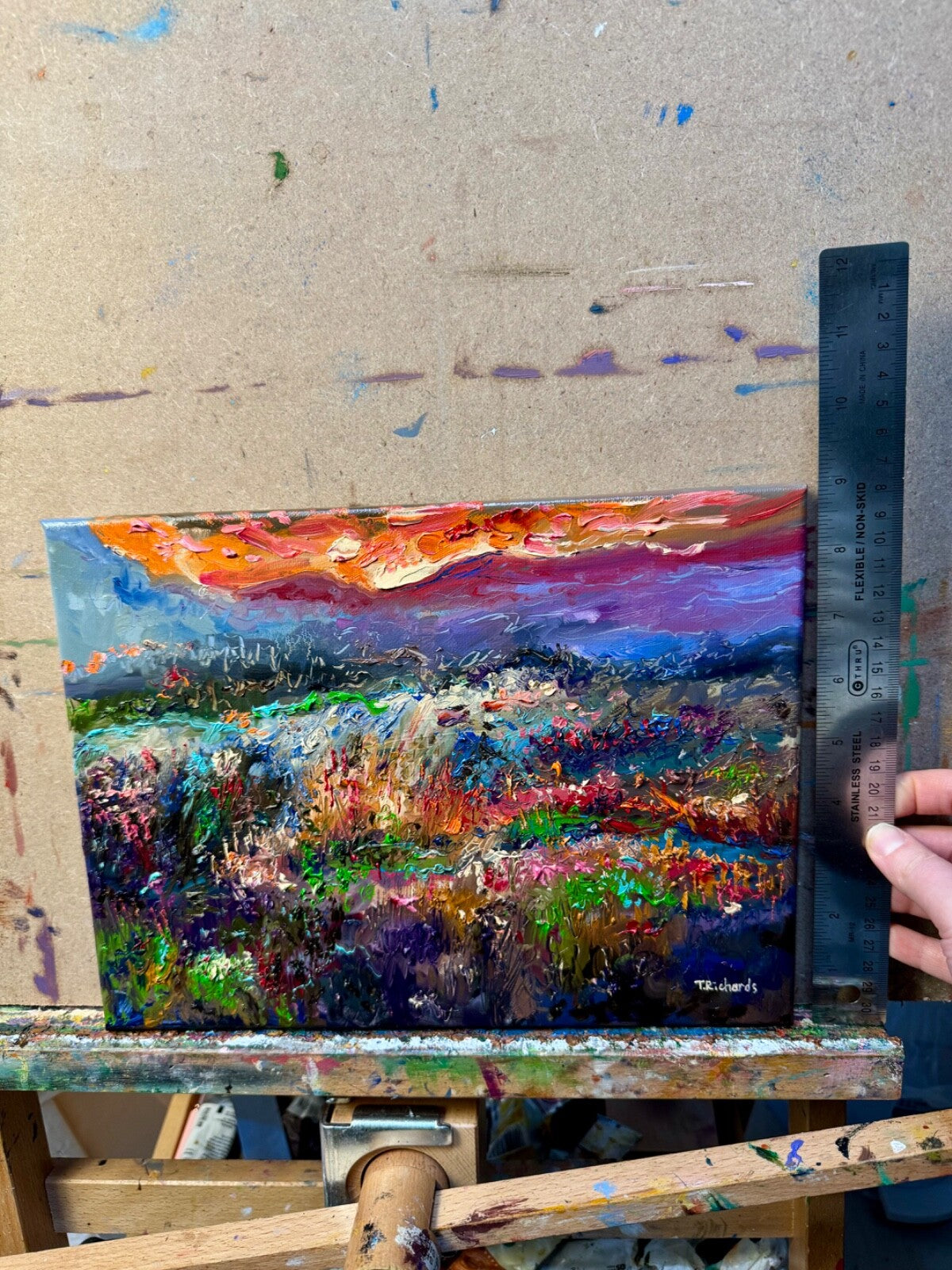 Wildflower painting ORIGINAL art Landscape mountain sunset Floral Field 9x12"