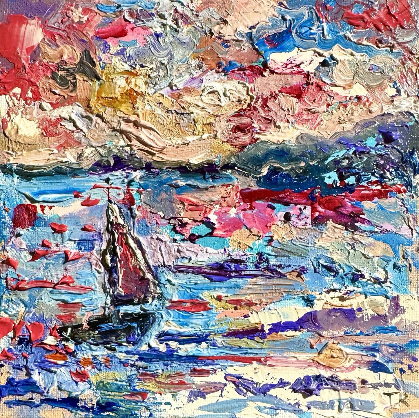 Sailboat Oil painting ORIGINAL art Seascape Ocean artwork small Boat Signed 6x6"