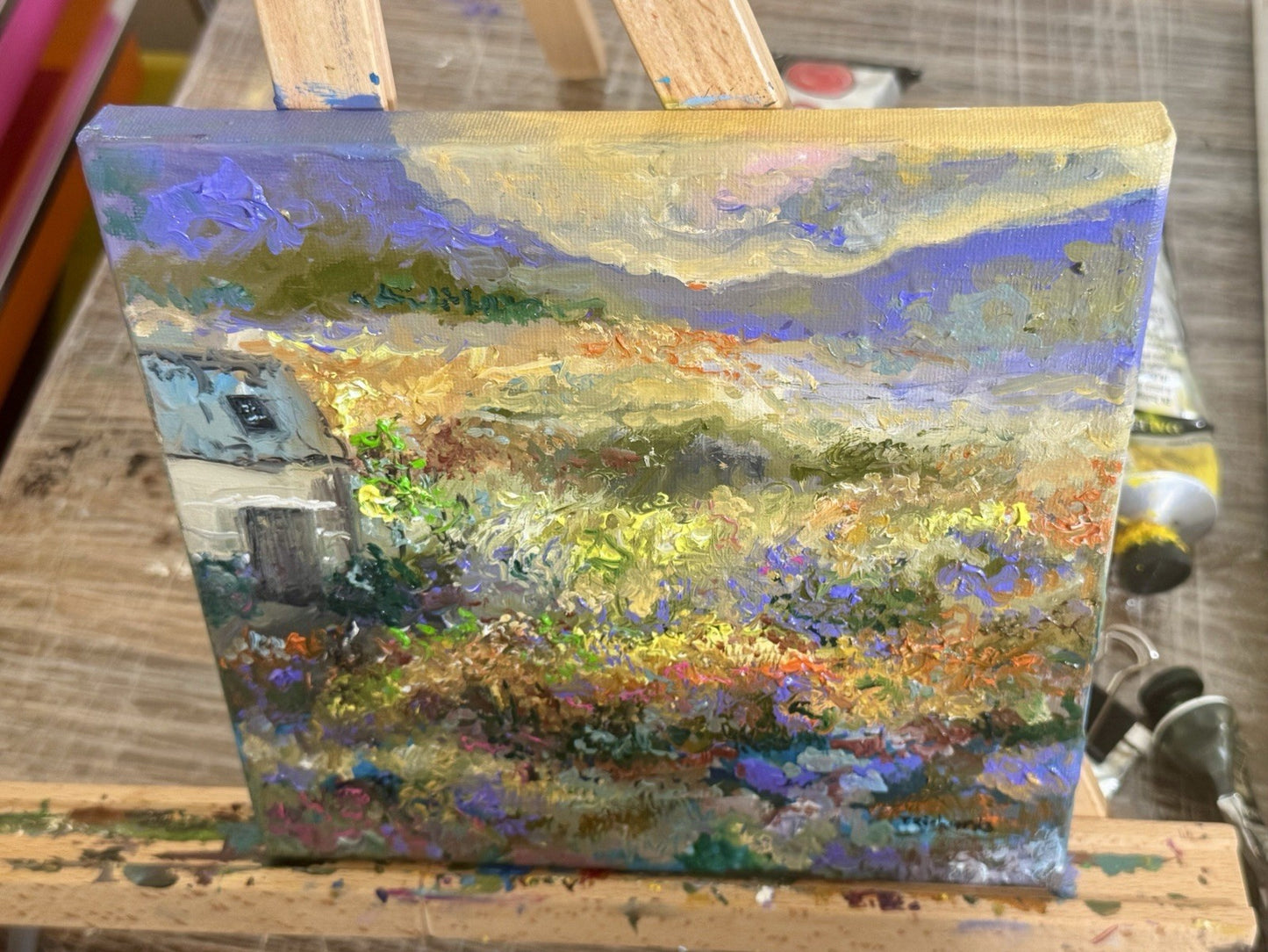 Meadow Flower Field Oil painting ORIGINAL art Mountain Landscape Farmhouse 8x8"