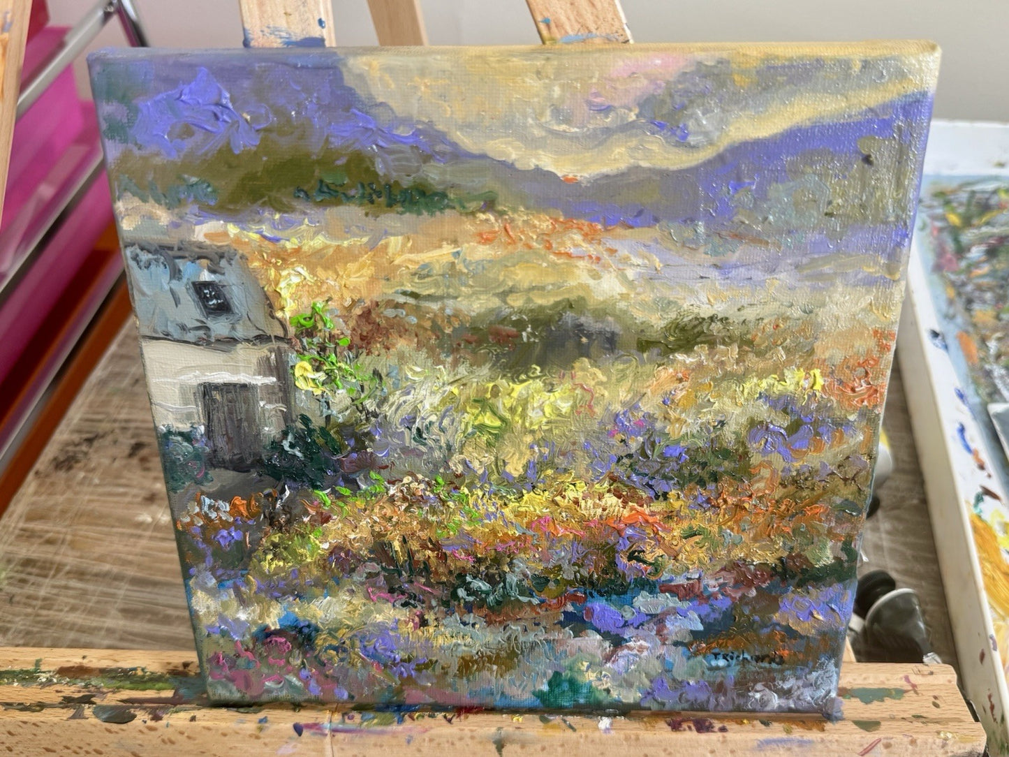Meadow Flower Field Oil painting ORIGINAL art Mountain Landscape Farmhouse 8x8"