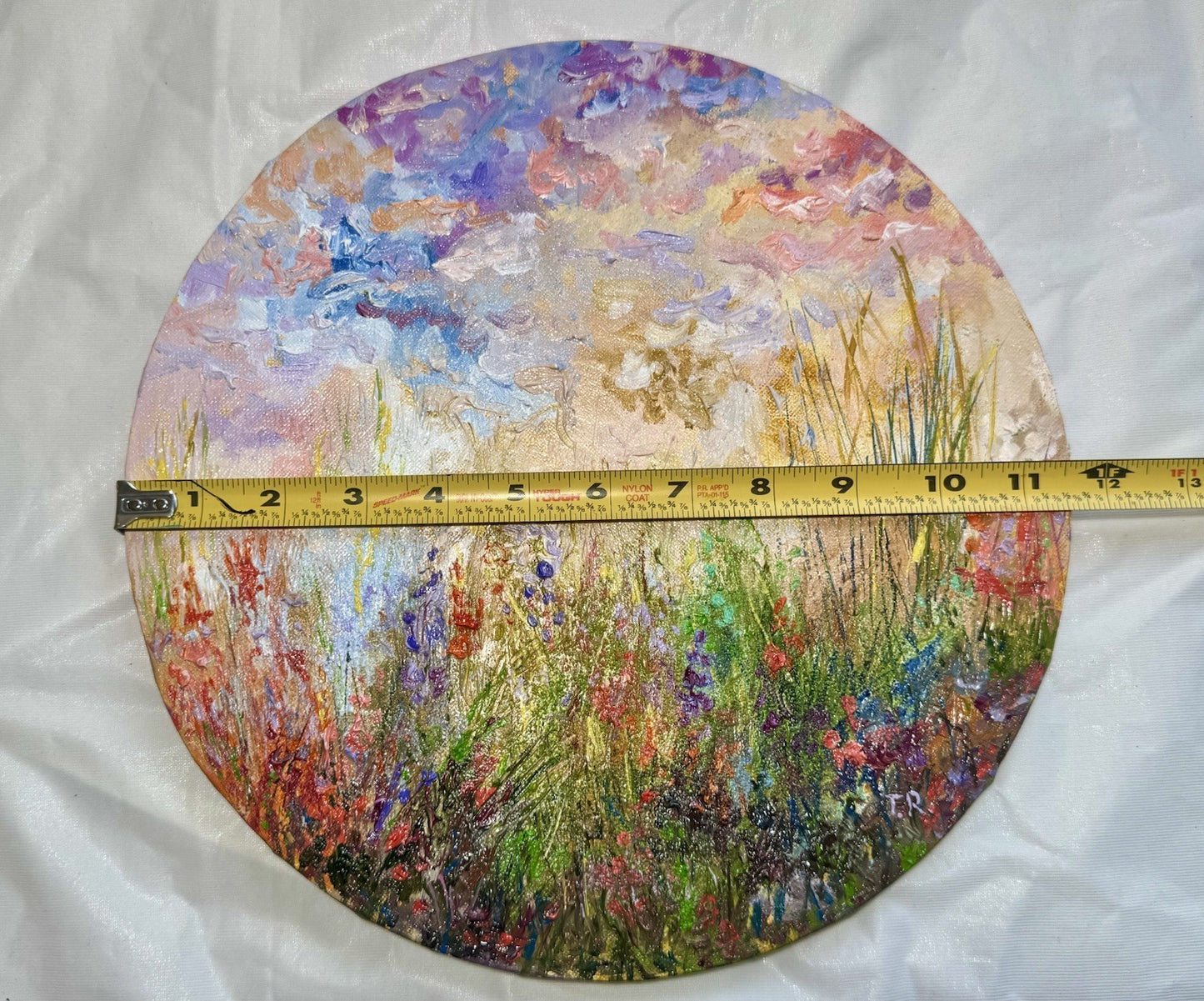 ORIGINAL art oil painting Floral meadow Flower field Round canvas artwork 11.5"