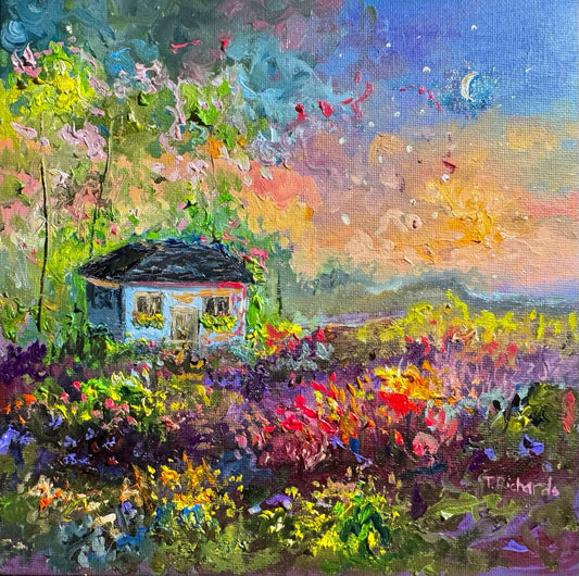 Farmhouse Oil painting ORIGINAL art Cottage House Flower Garden landscape 8x8