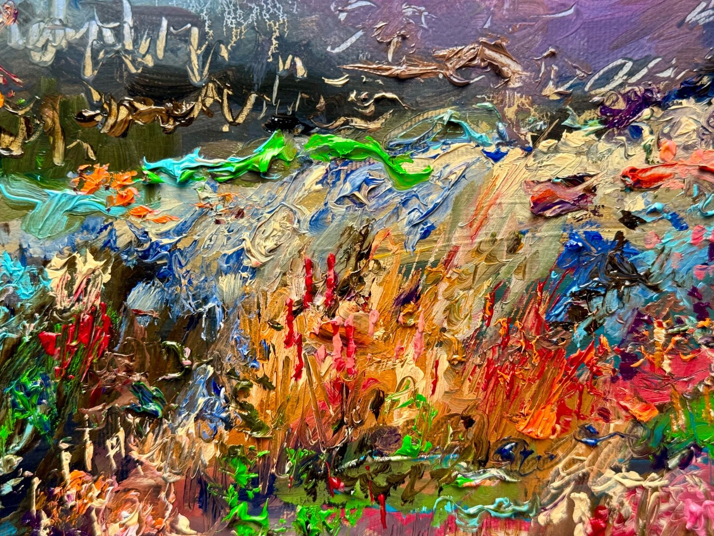 Wildflower painting ORIGINAL art Landscape mountain sunset Floral Field 9x12"
