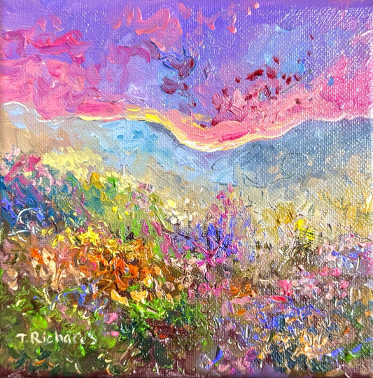 Wildflowers Oil painting ORIGINAL art Mountain Sunset floral field Landscape 6x6