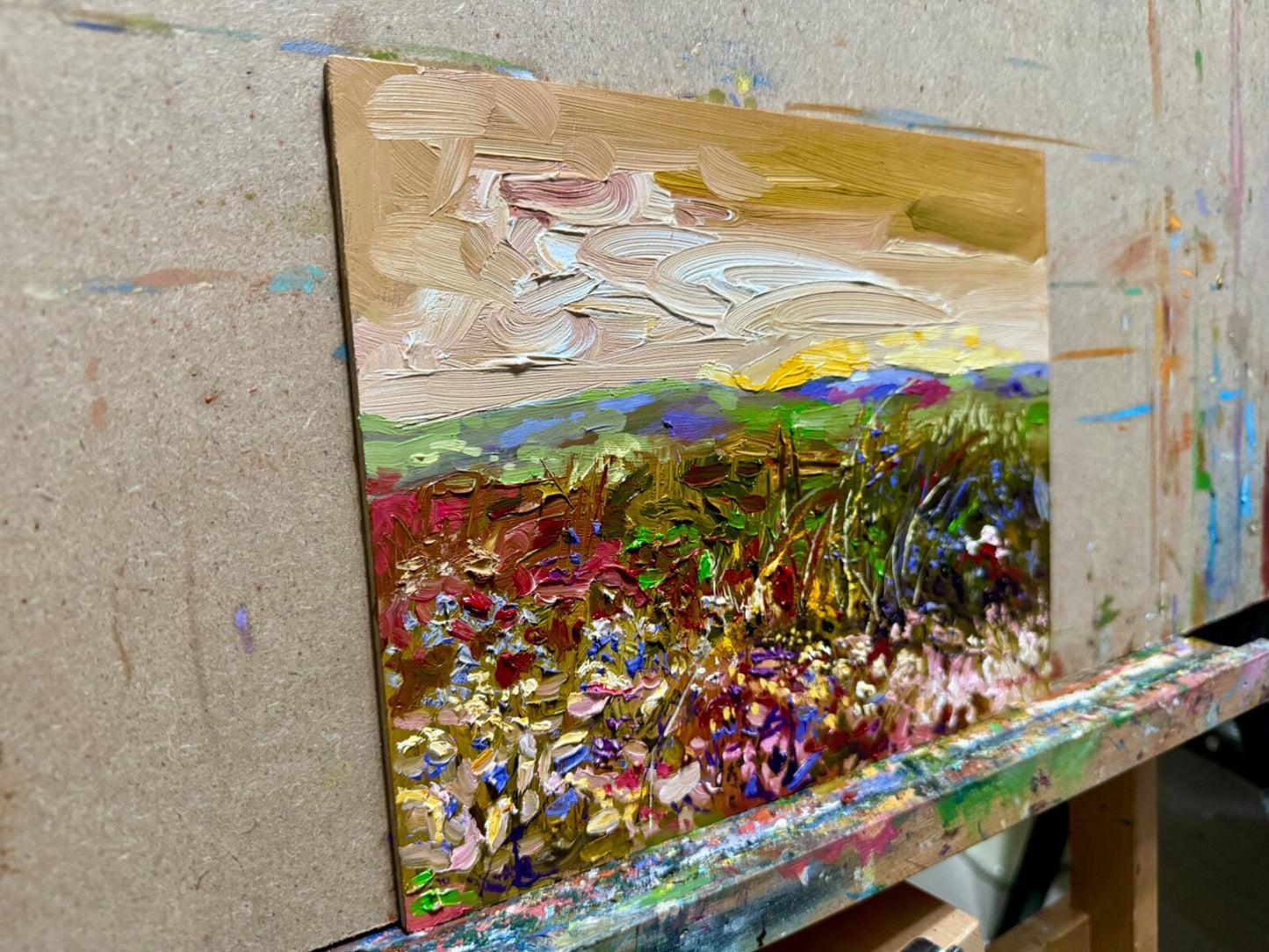 Oil painting panel ORIGINAL art Wildflower field artwork Landscape flower 8x10