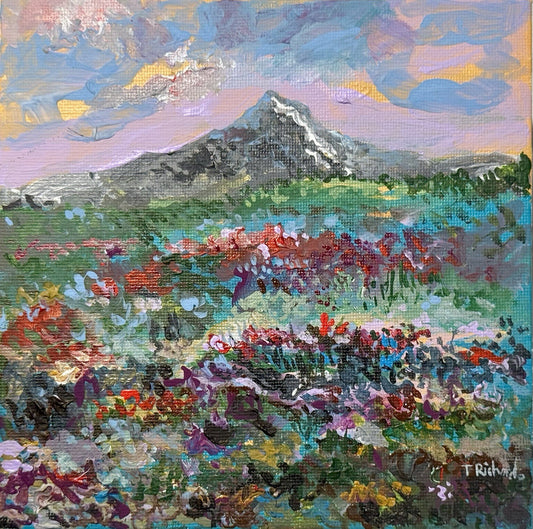 Acrylic painting ORIGINAL art Landscape sunset Mountain wildflower field 6x6