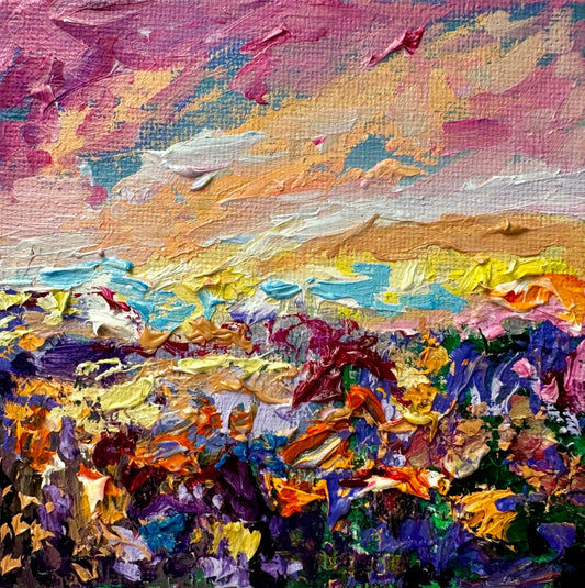 Oil Painting Wildflower landscape Original art Flower floral art Mini easel 4x4”