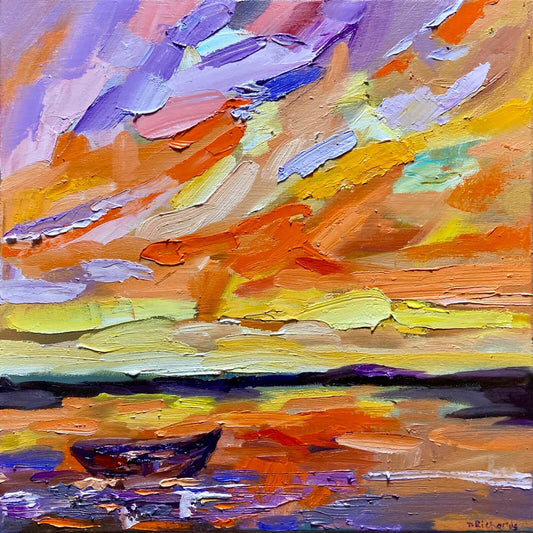 Oil painting on canvas ORIGINAL art Boat seascape ocean artwork Sunset 14x14"