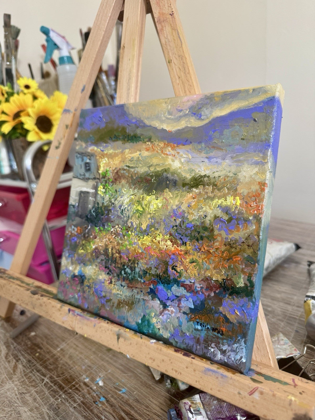 Meadow Flower Field Oil painting ORIGINAL art Mountain Landscape Farmhouse 8x8"