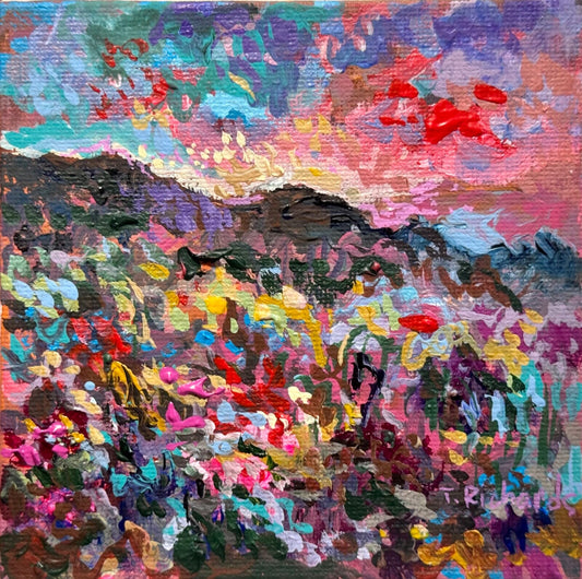 Wildflower field Original art Landscape flower floral Acrylic Painting 4x4”