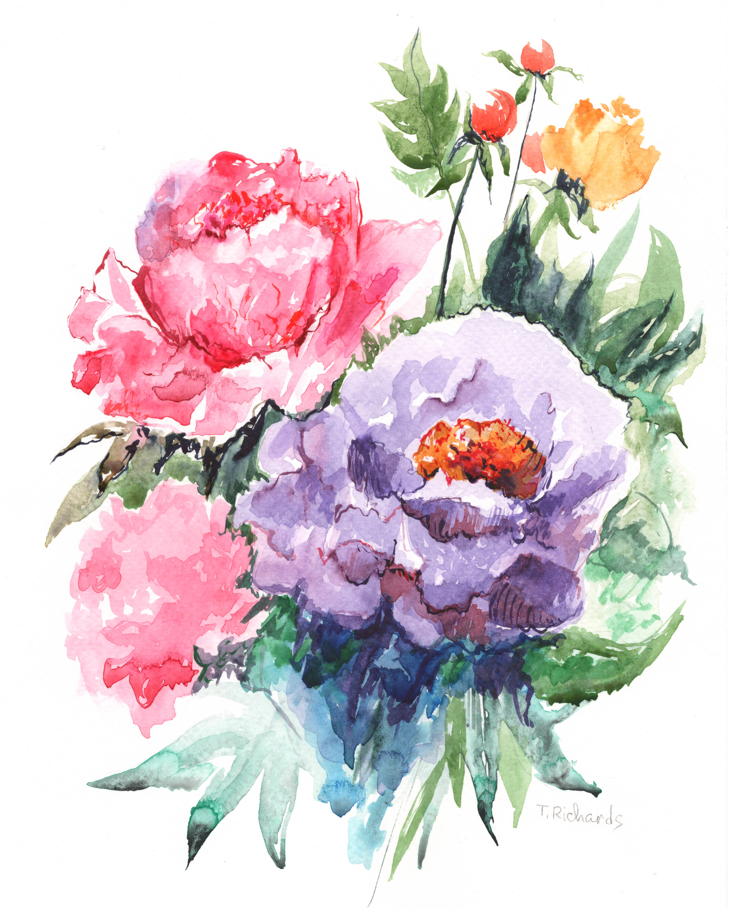 Pink and Purple Peonies Watercolor Painting, Original Floral Art, Peony Flower 8x10"