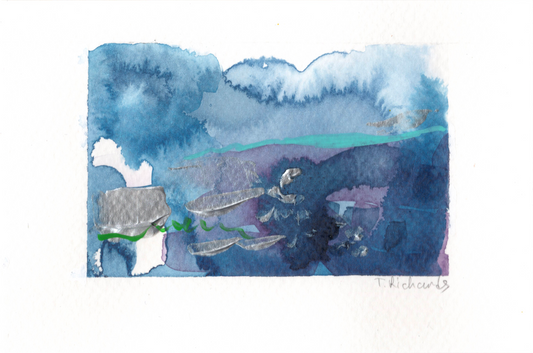 Blue Hour Abstract Painting, Original Art, Night Landscape, Acrylic on Paper 4x6"