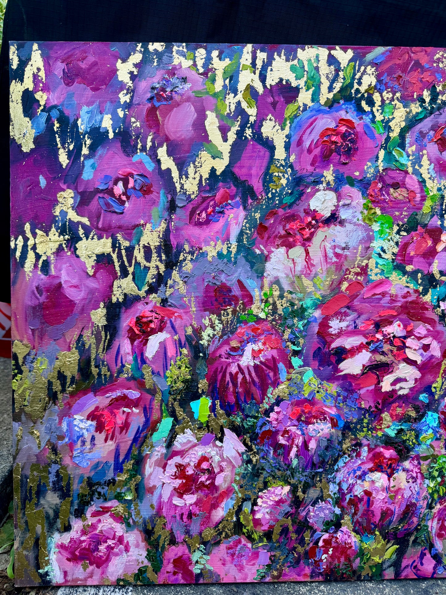 Peonies Original Art Oil Painting 24x36, Gold Leaf Floral Wall Art, Large Flowers Botanical Canvas Artwork