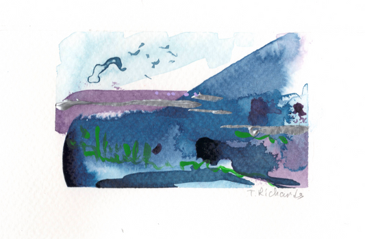 Blue Hour Painting, Original Art, Night Abstract Landscape, Acrylic on Paper 4x6"