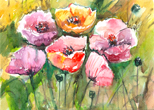California Poppy Watercolor Painting, Original Art, Flower Botanical Artwork, Floral 5x7"