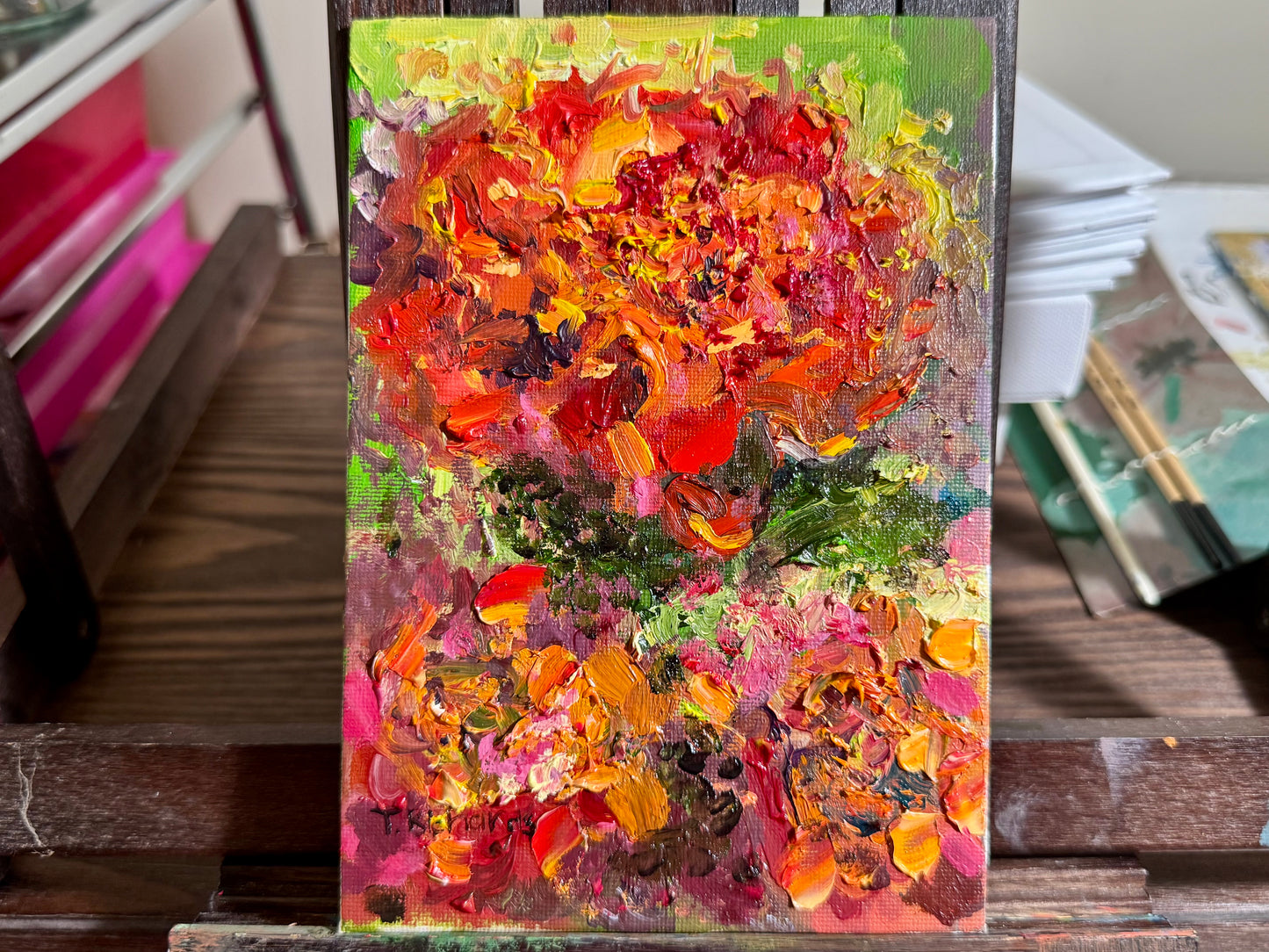 Red Marigolds Oil Painting 5x7, Original Art Floral Still Life on Panel, Red Flower Wall Art, Small Artwork Botanical Oil Decor