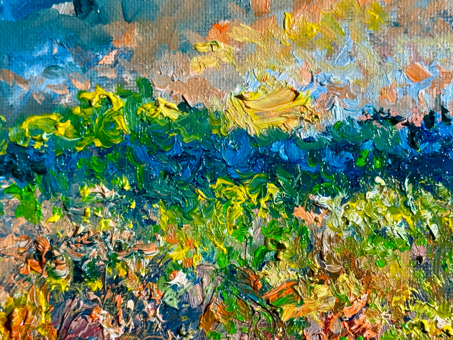 Wildflower Prairie Oil Painting 8x8, Original Art Landscape, Blue Forest Horizon Artwork, Floral Nature Wall Decor