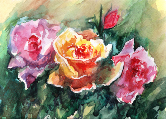 Roses Watercolor Painting, Original Art, Flower Botanical Artwork, Floral 5x7