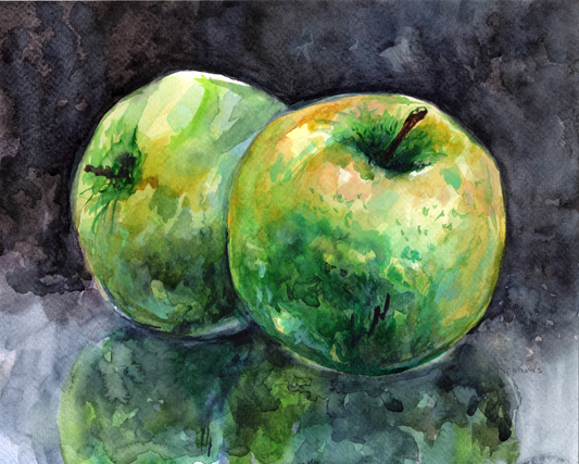 Green Apple Watercolor Painting Original Art, 8x10" Fruit Still Life Artwork