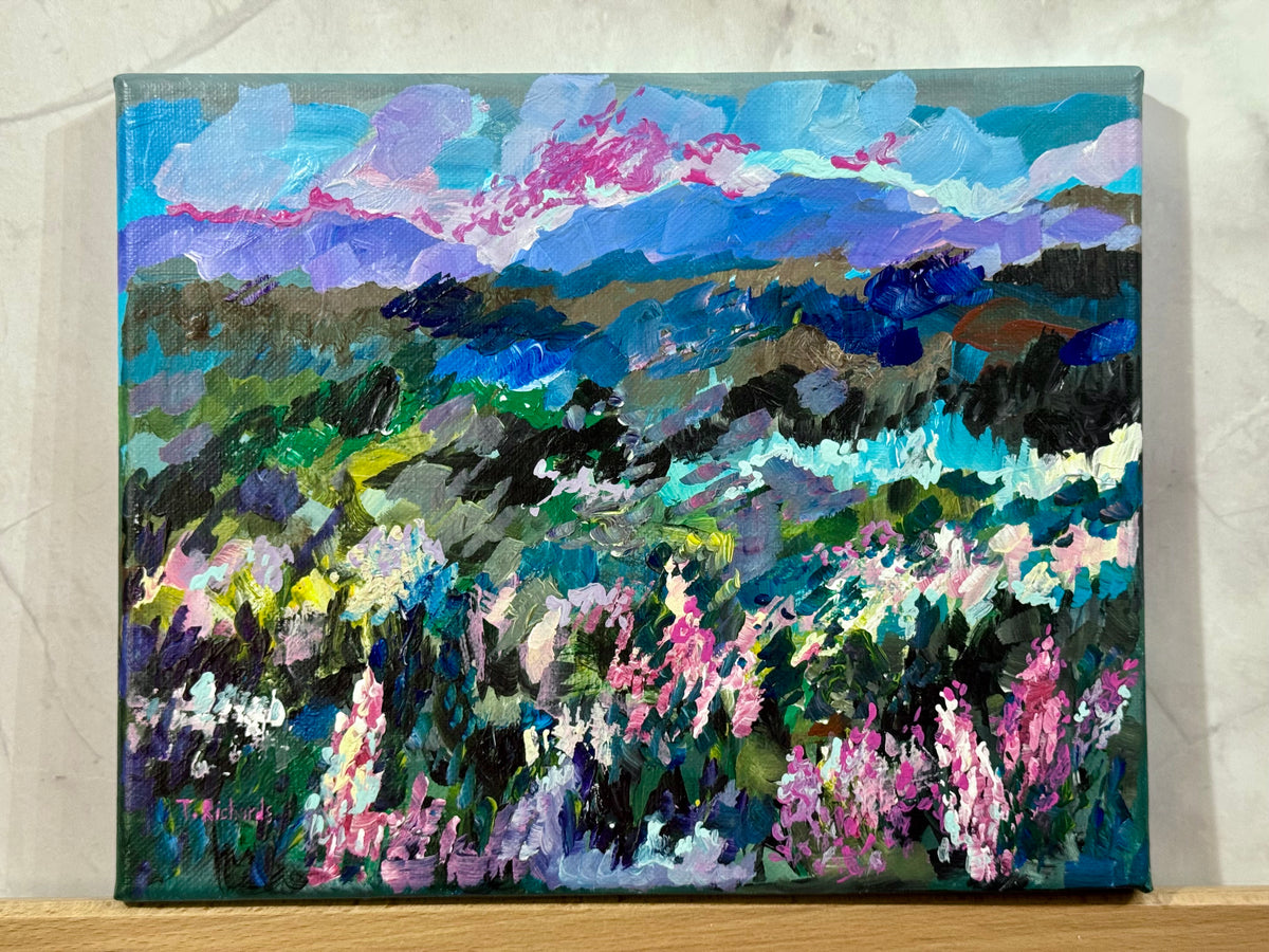 Blue Hour Acrylic Painting 8x10", Original Art Wildflower Evening Field Landscape