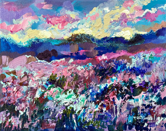 Blue Hour Acrylic Painting 8x10", Original Art Wildflower Evening Field Landscape