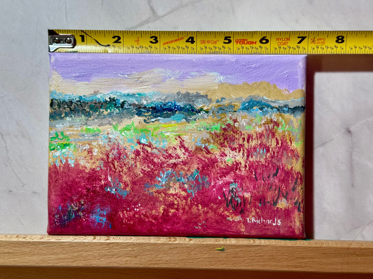 Blueberry Field Acrylic Painting 5x7", Maine Original Art, Landscape Wall Art