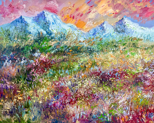 Original Oil Painting 16x20" – Windflower Field Landscape – Floral Meadow Mountain – Nature Wall Art on Canvas
