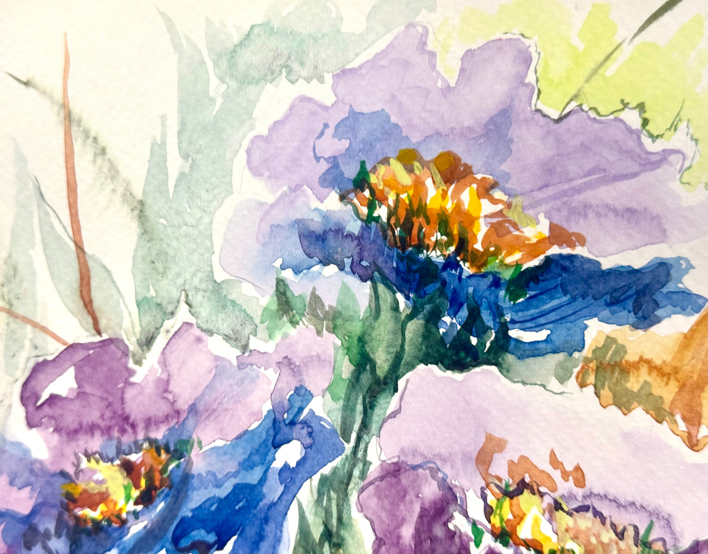 Purple Blue Peonies Watercolor Painting, Original Floral Art, Peony Flower 8x10"