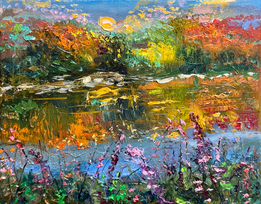 Fall River Oil Painting 8x10, Original Art Maine Landscape, Lupine Field Forest, Stretched Canvas Wall Art