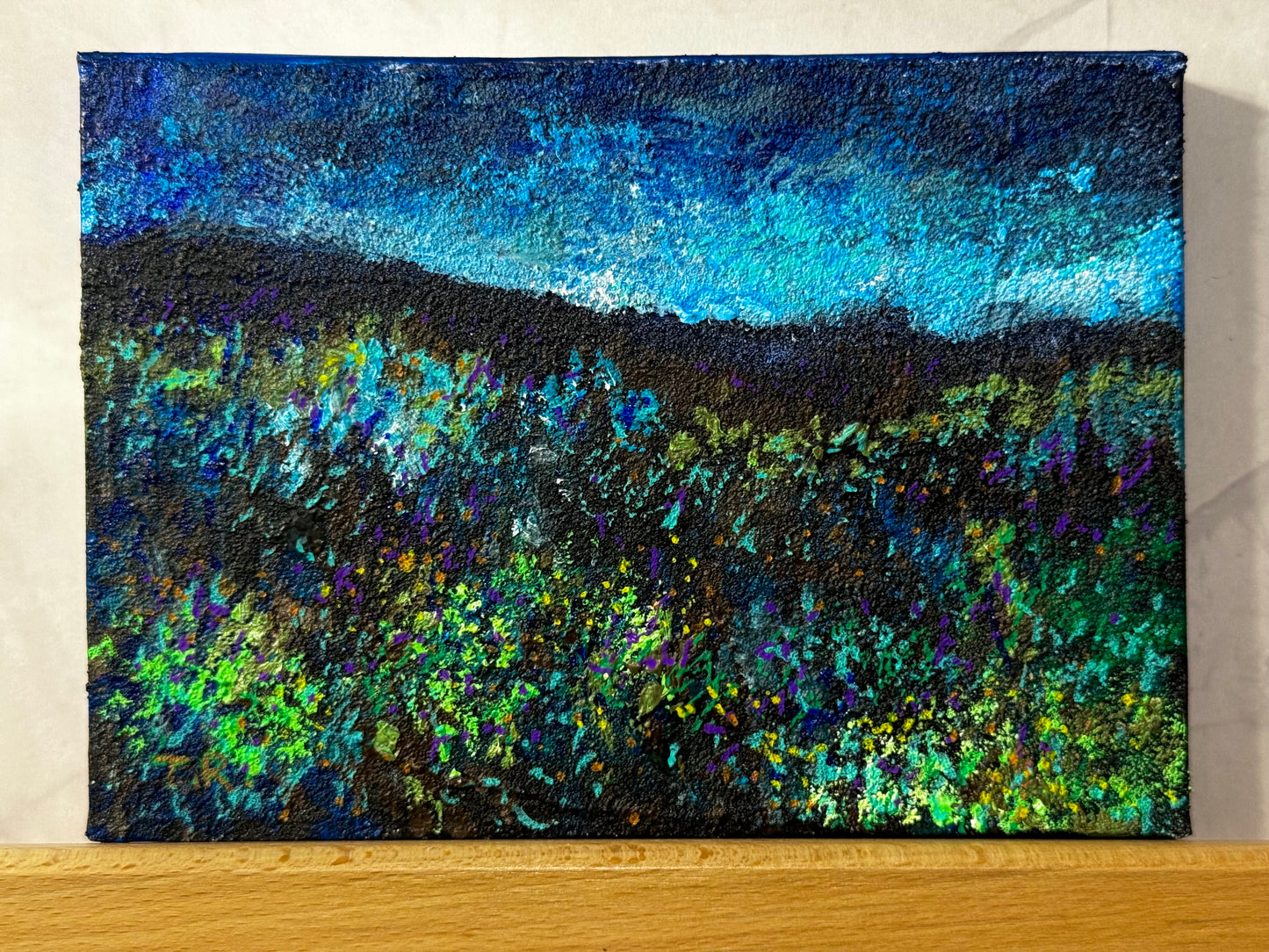 Blue Hour Acrylic Painting 5x7", Original Art Wildflower Night Field Prairie Landscape Wall Art