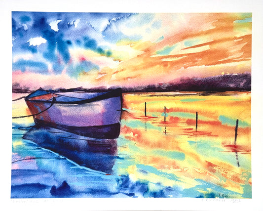 Boat Sunset Archival PRINT Signed, Coastal Landscape Wall Art, Nautical Decor, Ocean Sunset, Archival Ink on Fine Art Paper