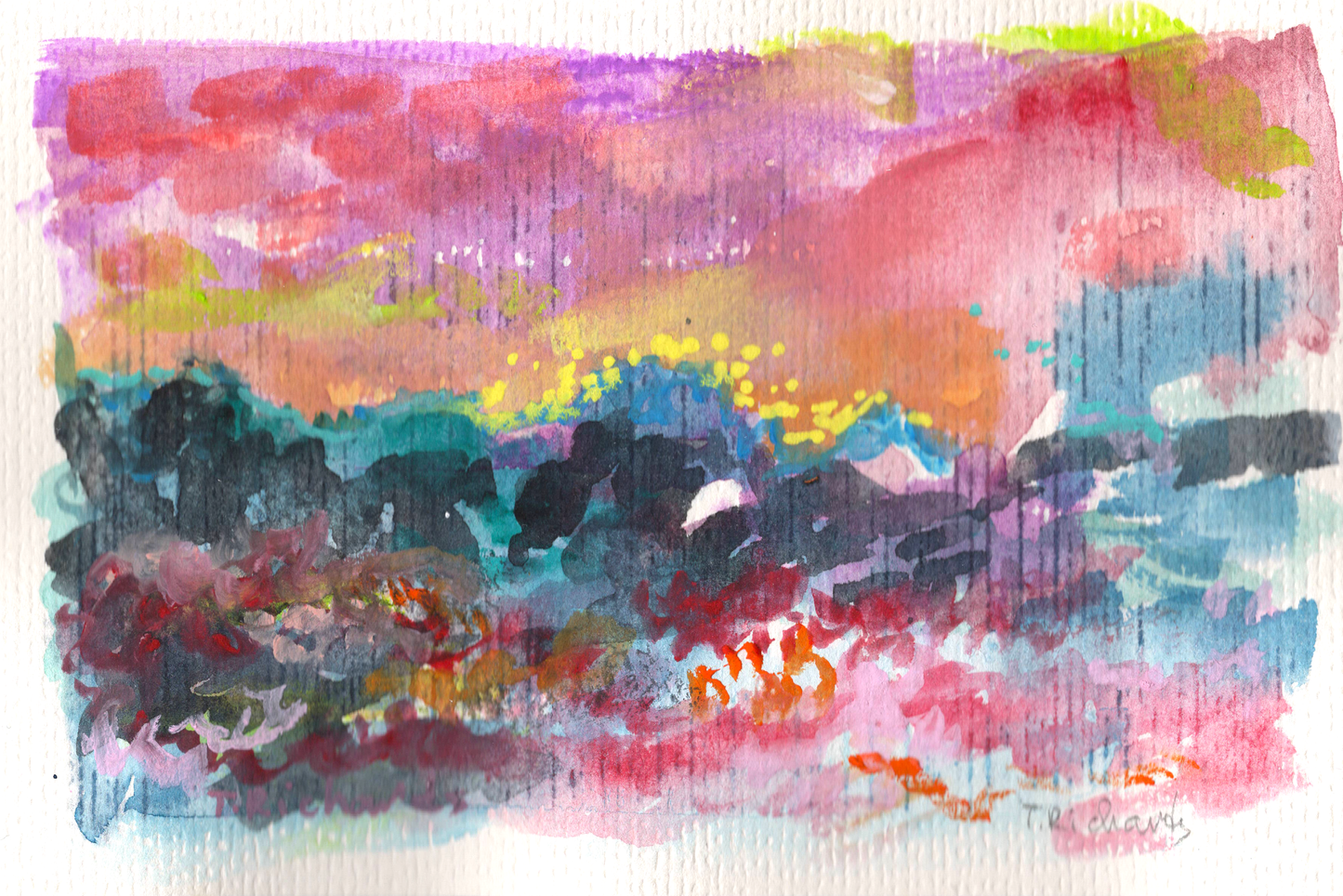 Sunset Seascape Painting, Mountain Original Art, Ocean Artwork, Abstract Landscape 4x6"