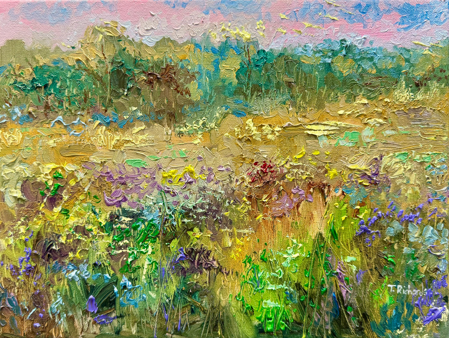 Forest Original Art 9x12" Wildflower Field Landscape, Oil Painting Sunrise Meadow Artwork, Handmade Wall Art Nature