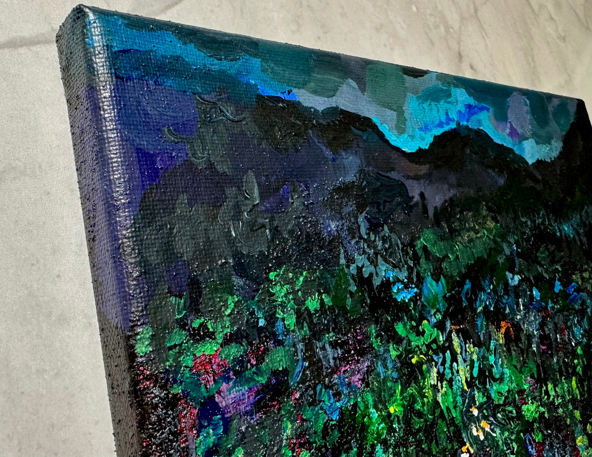 Blue Hour Acrylic Painting 8x10", Original Art Wildflower Night Field Landscape