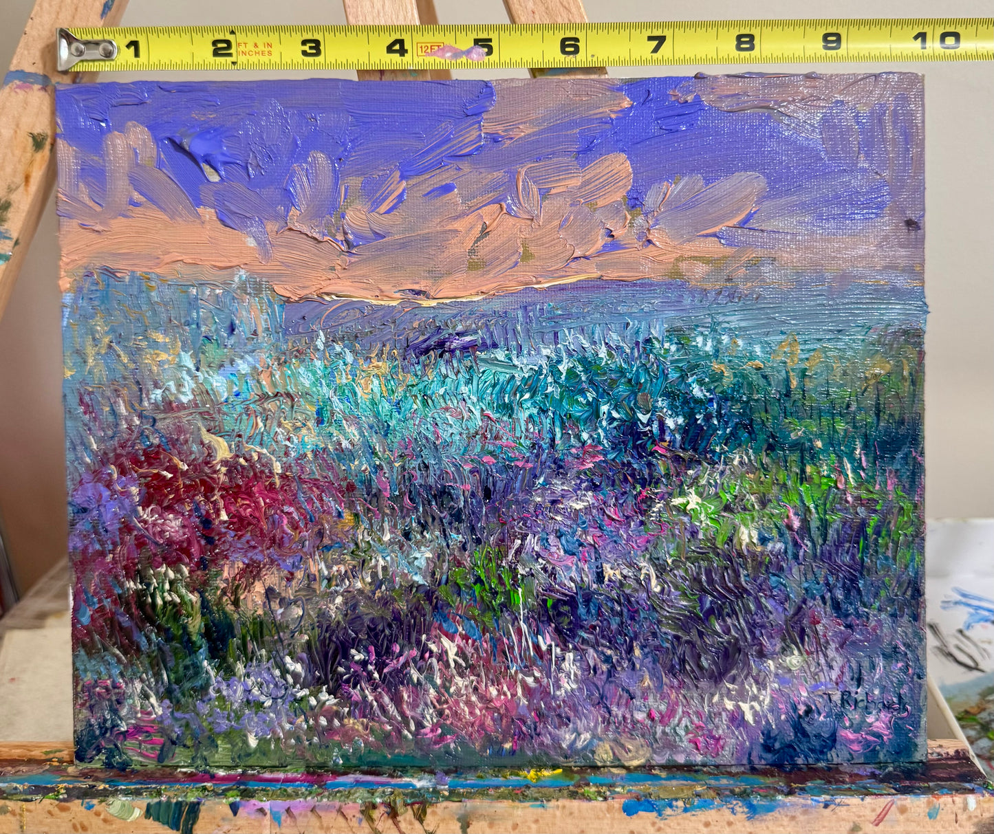 Original Oil Painting 8x10" – Wildflower Meadow Sunset – Pink Purple Sky – Landscape Wall Art – Floral Nature Scene – Signed Artwork