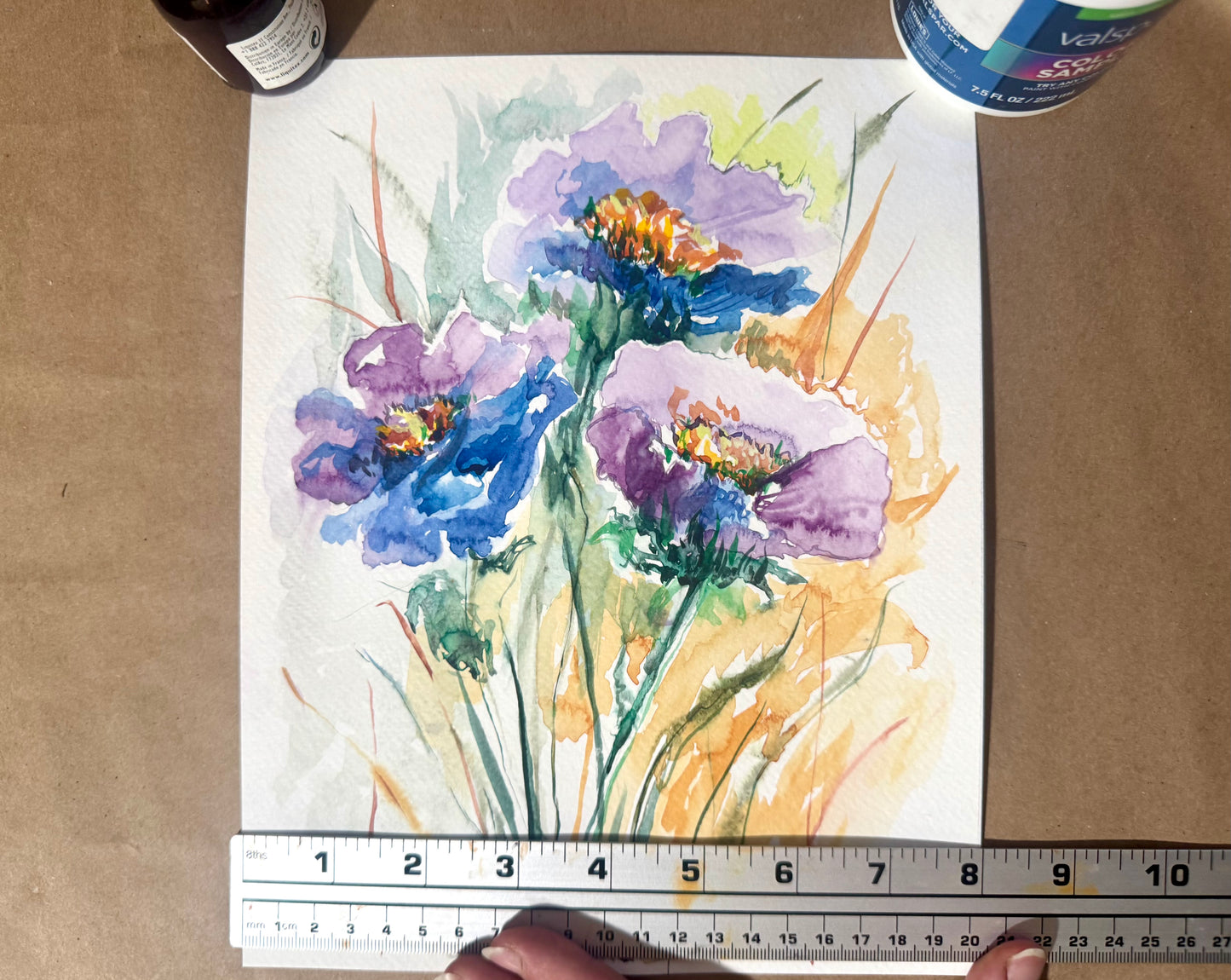Purple Blue Peonies Watercolor Painting, Original Floral Art, Peony Flower 8x10"