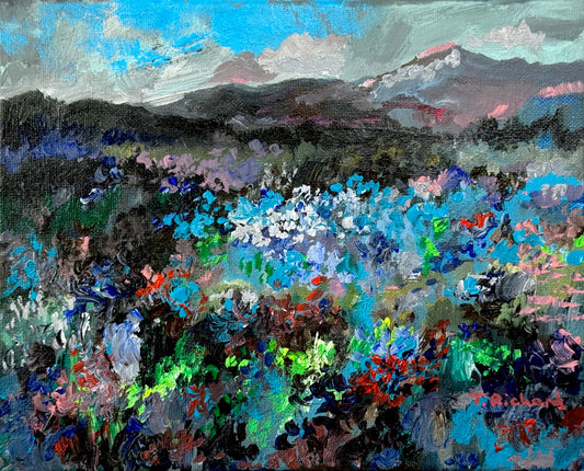 Blue Hour Acrylic Painting 8x10", Original Art Wildflower Night Field Landscape