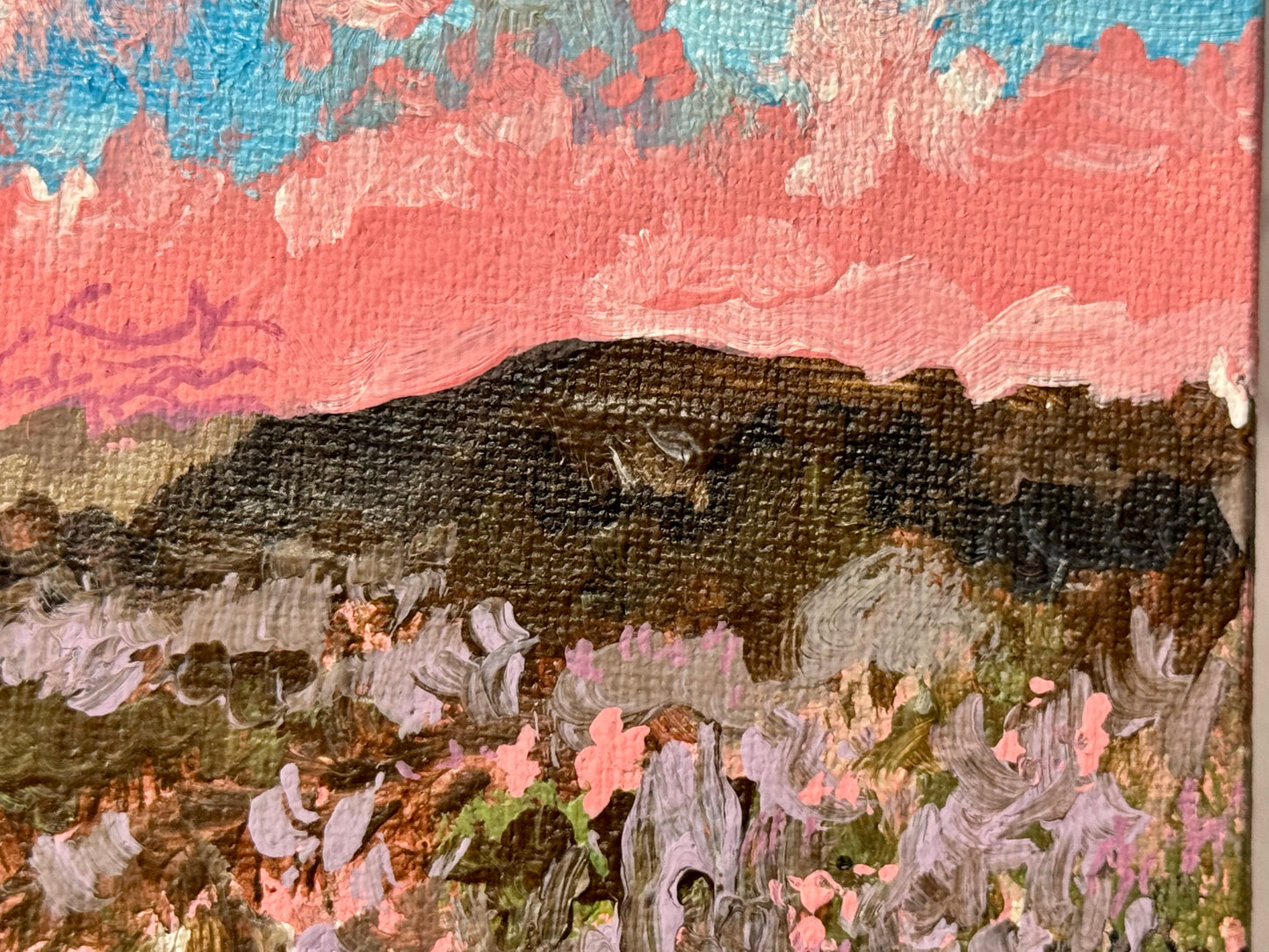 Pink Sunset Acrylic Painting 6x6, Original Art Landscape, Flower Field Wall Art, Meadow Artwork